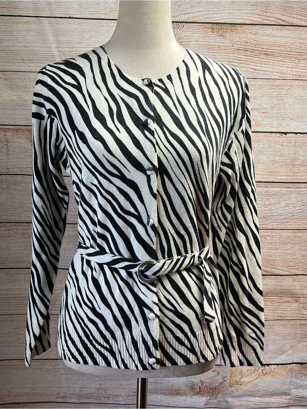 Pure Collection 100% Cashmere Belted Cardigan Sweater Sz 10 12 M Animal Print